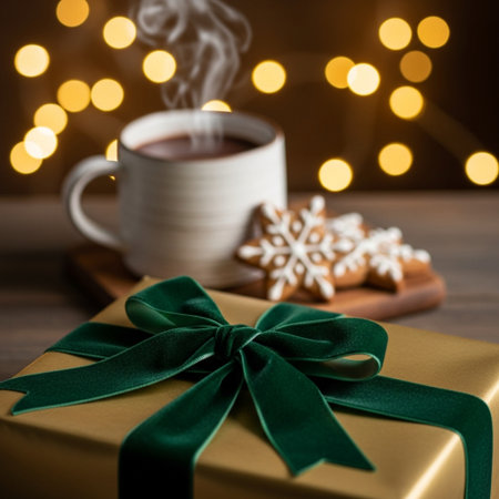 Christmas gift box, cup of coffee and gingerbread cookies on wooden backgroundの素材