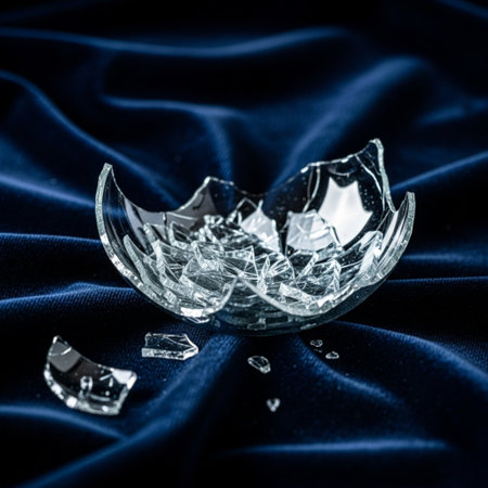 Broken glass on blue fabric background. Shallow depth of field.の素材