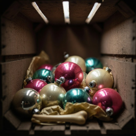 Christmas toys in a wooden box. Selective focus. Toned.の素材