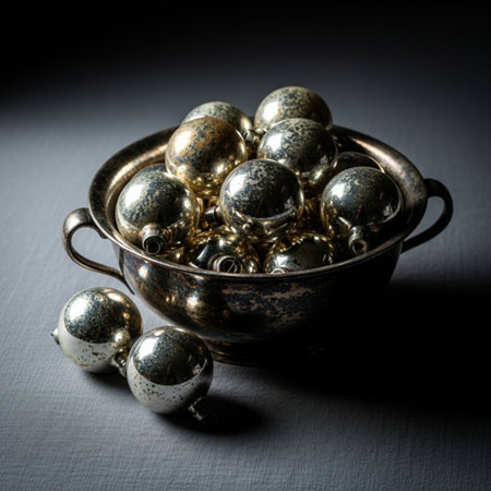 Easter eggs in a copper bowl on a black background. Toned.の素材