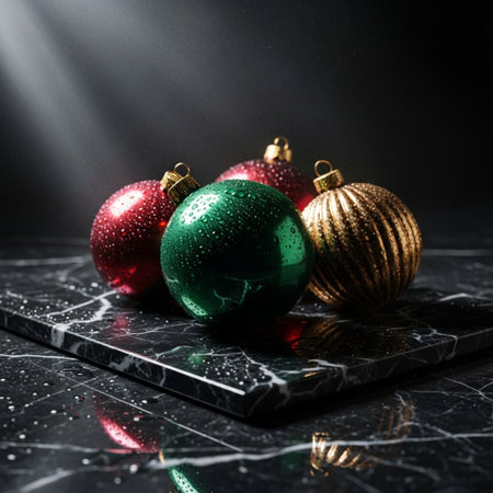 Colorful christmas baubles on a black marble background.の素材