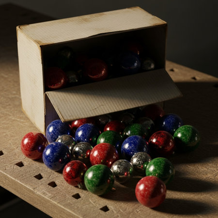 Colorful marbles in a wooden box on a dark background.の素材