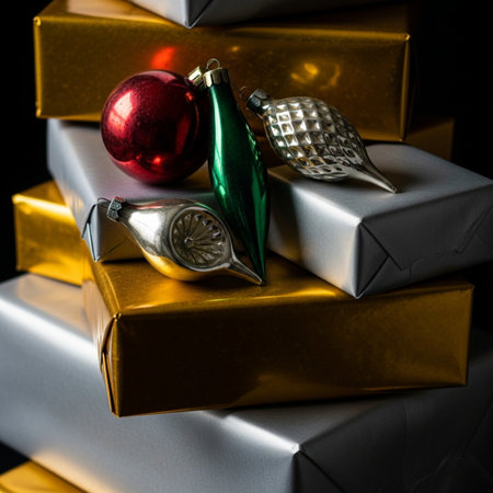 Christmas gift boxes with decoration on black background. Selective focus.の素材