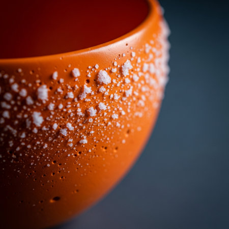Orange ceramic cup with foam on dark background. Shallow depth of field. Toned.の素材