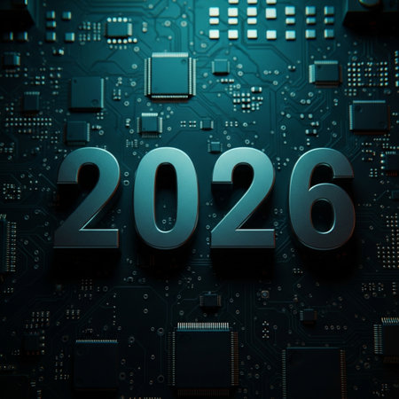 New year 2016 on computer circuit board background. 3D illustration.の素材