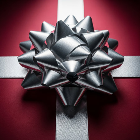 Silver ribbon and bow on red background, christmas gift concept.の素材