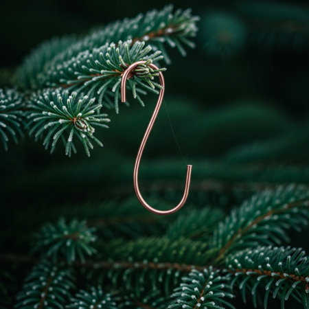 Fir tree branch with a fishing hook on a dark background.の素材