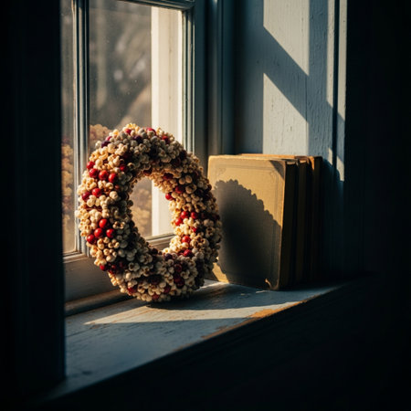 Christmas wreath on the windowsill with a book in the backgroundの素材
