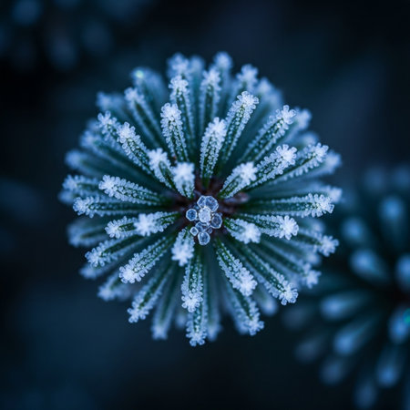 Close-up of pine branch covered with hoarfrost in winterの素材