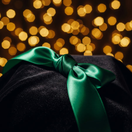 Green satin bow on black velvet gift box on bokeh backgroundの素材
