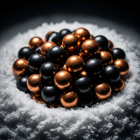 Christmas decoration with gold and black balls in snow. Toned.の素材