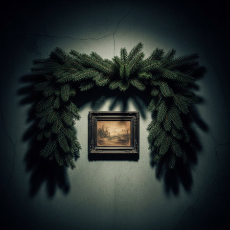 Christmas tree branches with photo frame on the wall. Toned.の素材