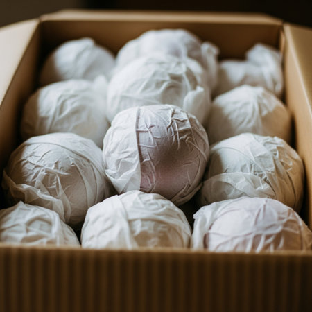 Crumpled white paper balls in a cardboard box. Selective focus.の素材