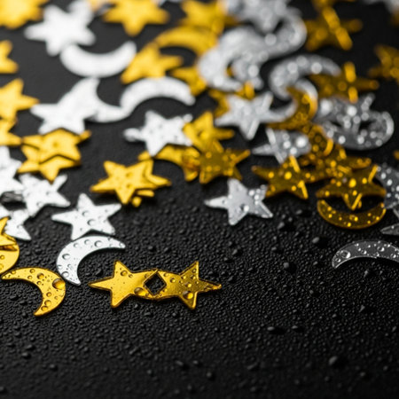 Silver and gold christmas stars on a black background with water dropsの素材