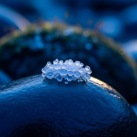 Macro image of ice crystals on a blue background. Selective focus.の素材
