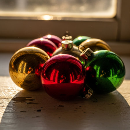 Colorful Christmas ornaments on the window sill. Selective focus.の素材