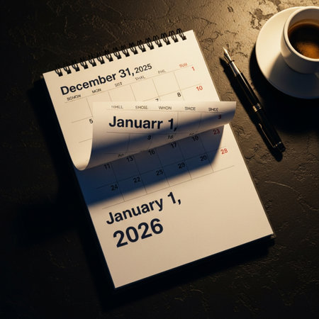 Calendar with pen and cup of coffee on black stone table.の素材