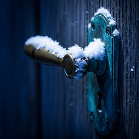 Wooden door with metal door handle covered with fresh snow. Shallow depth of fieldの素材