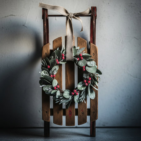 Christmas wreath on a wooden chair. Vintage style. Toned.の素材
