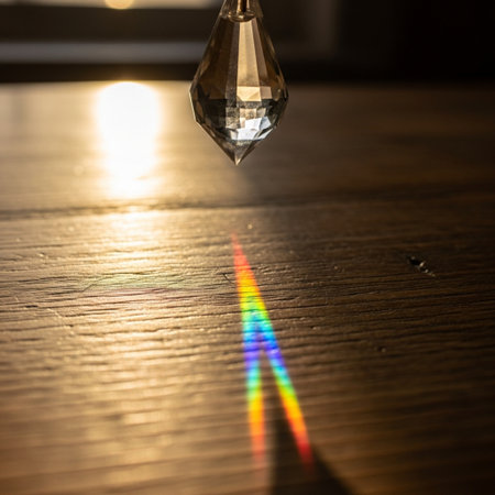 Ceiling lamp with rainbow reflection on wooden floor. Selective focus.の素材