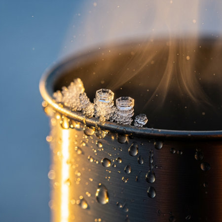 Close-up of a hot drink with ice in a metal cupの素材