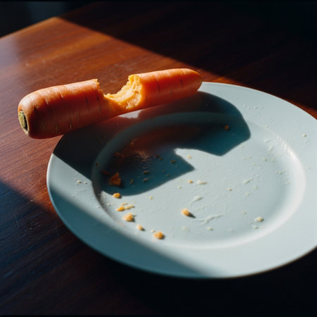 Carrot cut in half on a plate on a wooden table.の素材