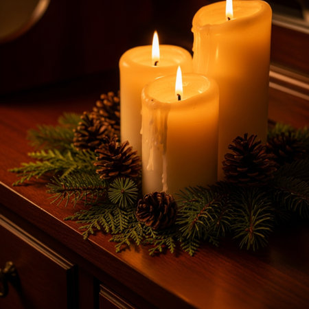 Burning candles with fir branches and pine cones on a wooden tableの素材