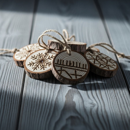 Wooden christmas decoration on a wooden background. Christmas card.の素材