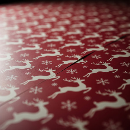 Christmas background with red paper and deers. Shallow depth of field.の素材