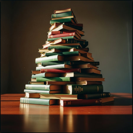 Pile of books in the shape of Christmas tree on wooden tableの素材