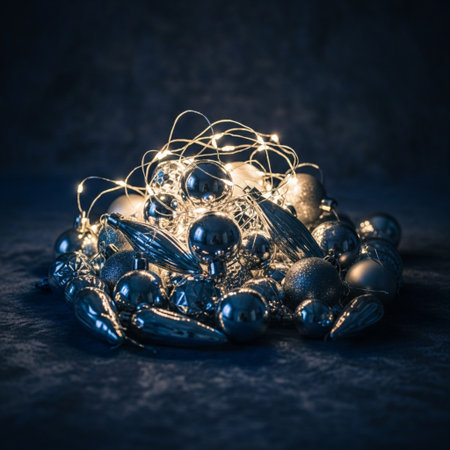 Christmas decoration with blue baubles and garland on dark backgroundの素材