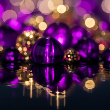 Purple Christmas baubles on bokeh background with reflectionの素材