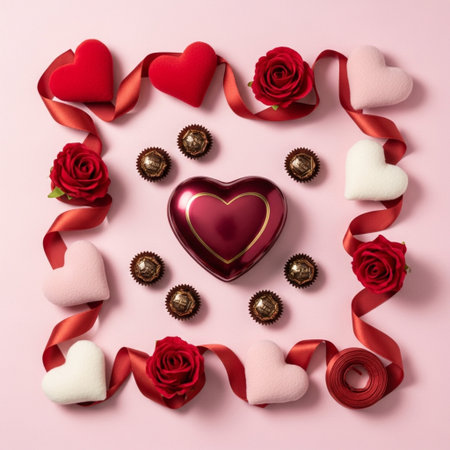 Valentine's Day background with red hearts, roses and sweetsの素材