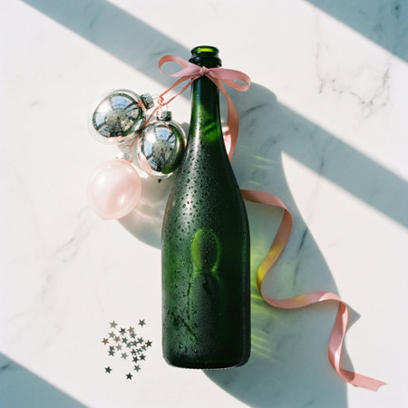 Bottle of champagne with christmas ornamentsle backgroundの素材