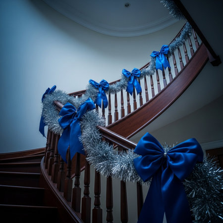 Christmas decoration on the stairs with blue ribbons and tinsel.の素材