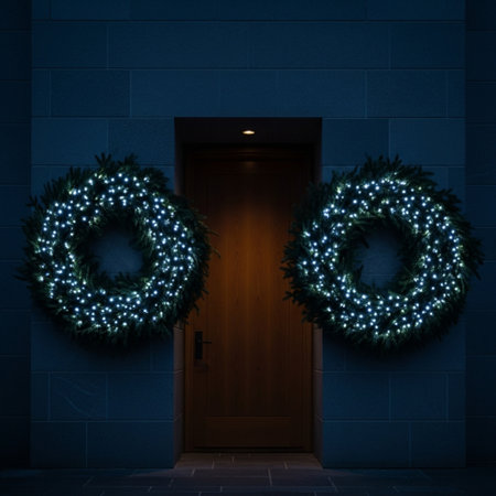 3d rendering of a door decorated with christmas wreath lightsの素材