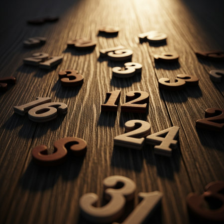 Wooden numbers on the wooden floor. Shallow depth of field.の素材