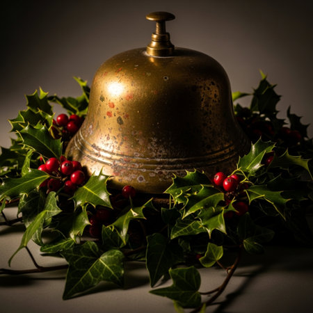 Bell with mistletoe and holly on a dark background.の素材