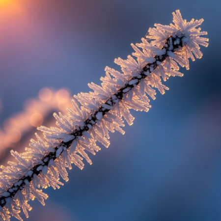 Hoarfrost on a branch of a tree in the rays of the setting sunの素材