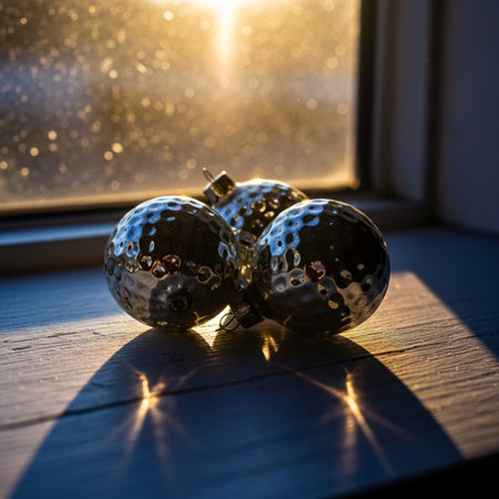 Christmas balls on the windowsill in the rays of the setting sunの素材