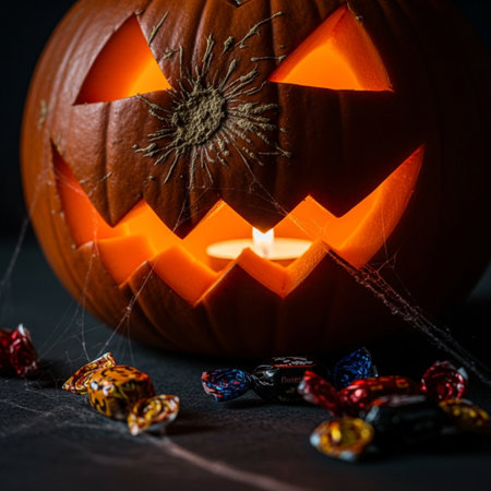 Halloween pumpkin with candies on dark background, close-upの素材