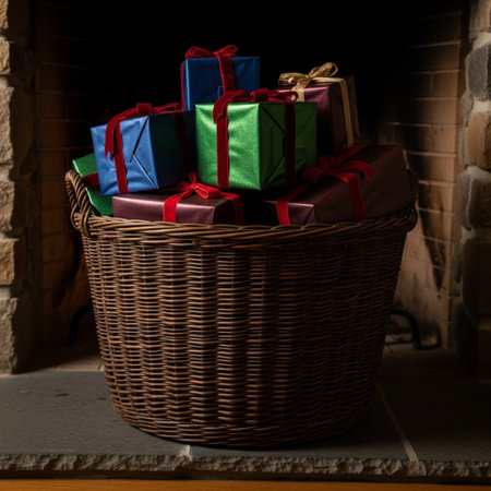Basket with Christmas gifts on the background of a brick fireplace.の素材