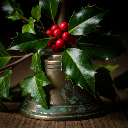 Holly berry with leaves on a dark background. Christmas decoration.の素材