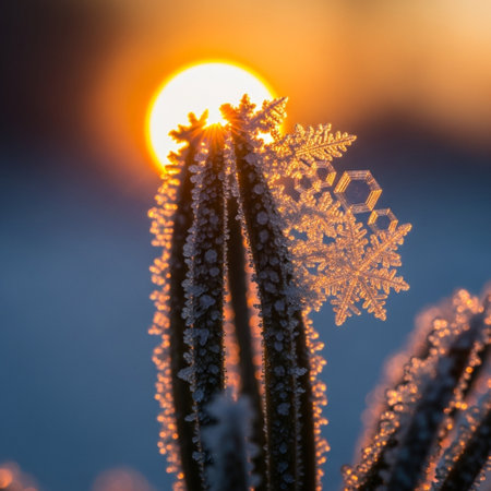 Snowflakes on a cactus in the rays of the setting sunの素材