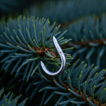 Close up of a fishing hook on a blue spruce branch.の素材