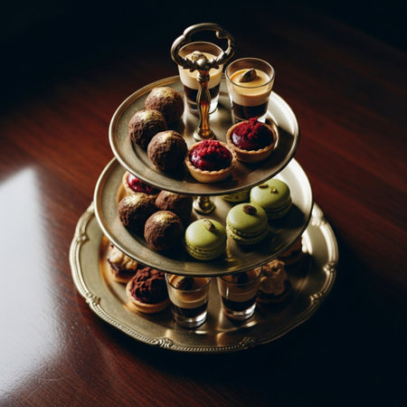 Tray with chocolate candies and macaroons on wooden tableの素材