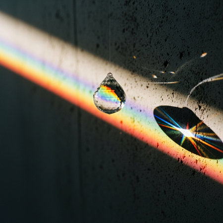 Rainbow and water drop on a concrete wall with sun rays.の素材