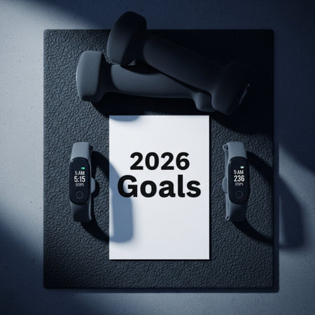Fitness concept. Dumbbells, smart watch and a sheet of paper with the inscription 2020 goals.の素材