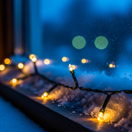 Christmas lights on a wooden window sill in the snow at night.の素材