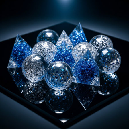 Blue crystal balls on a black background. 3d render illustration.の素材